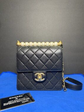 Authentic CHANEL Black Quilted Chic Pearls Flap Black